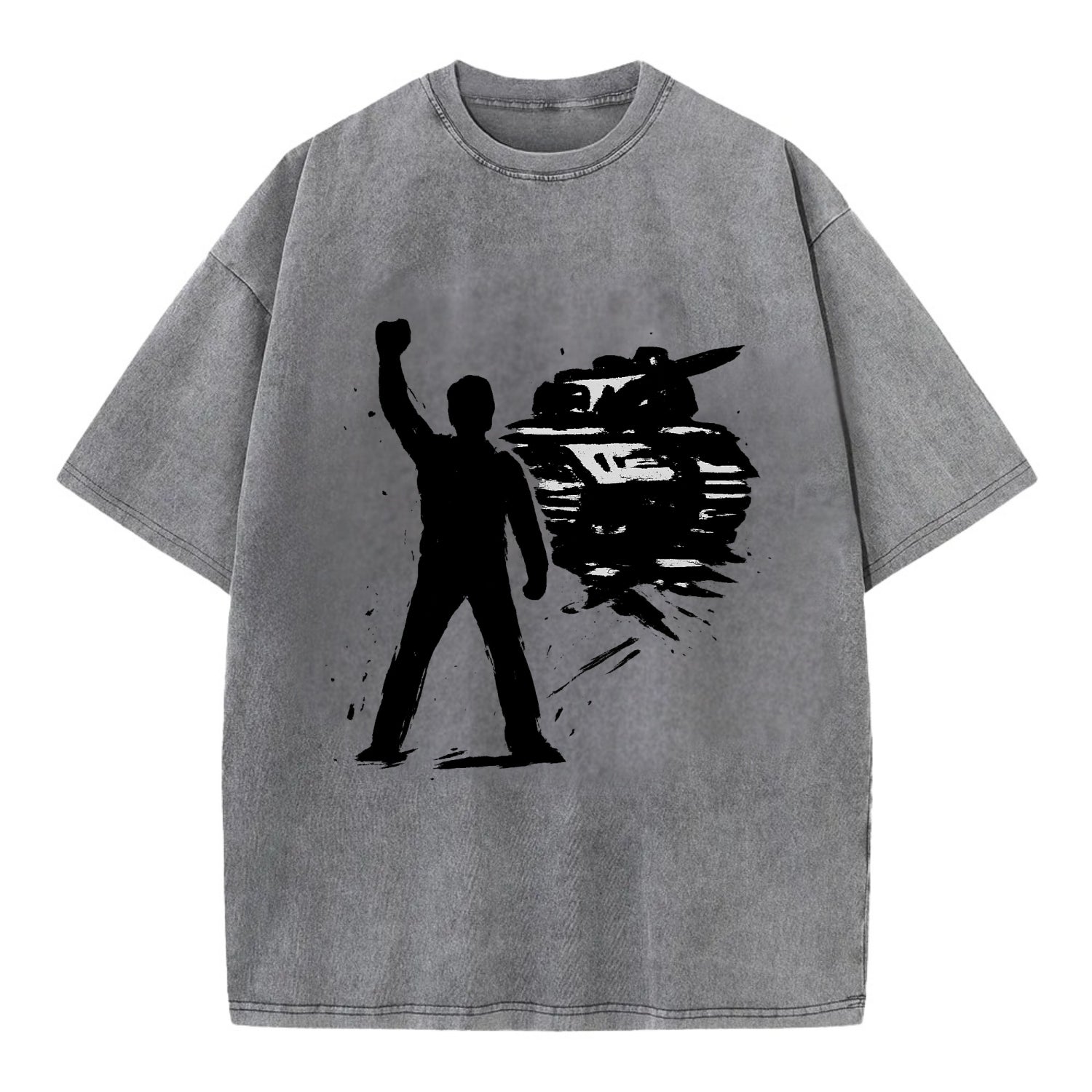 Single figure standing against tank - courage and resistance ink art - Vintage T-shirt - Grey