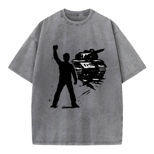 Single figure standing against tank - courage and resistance ink art - Vintage T-shirt - Grey