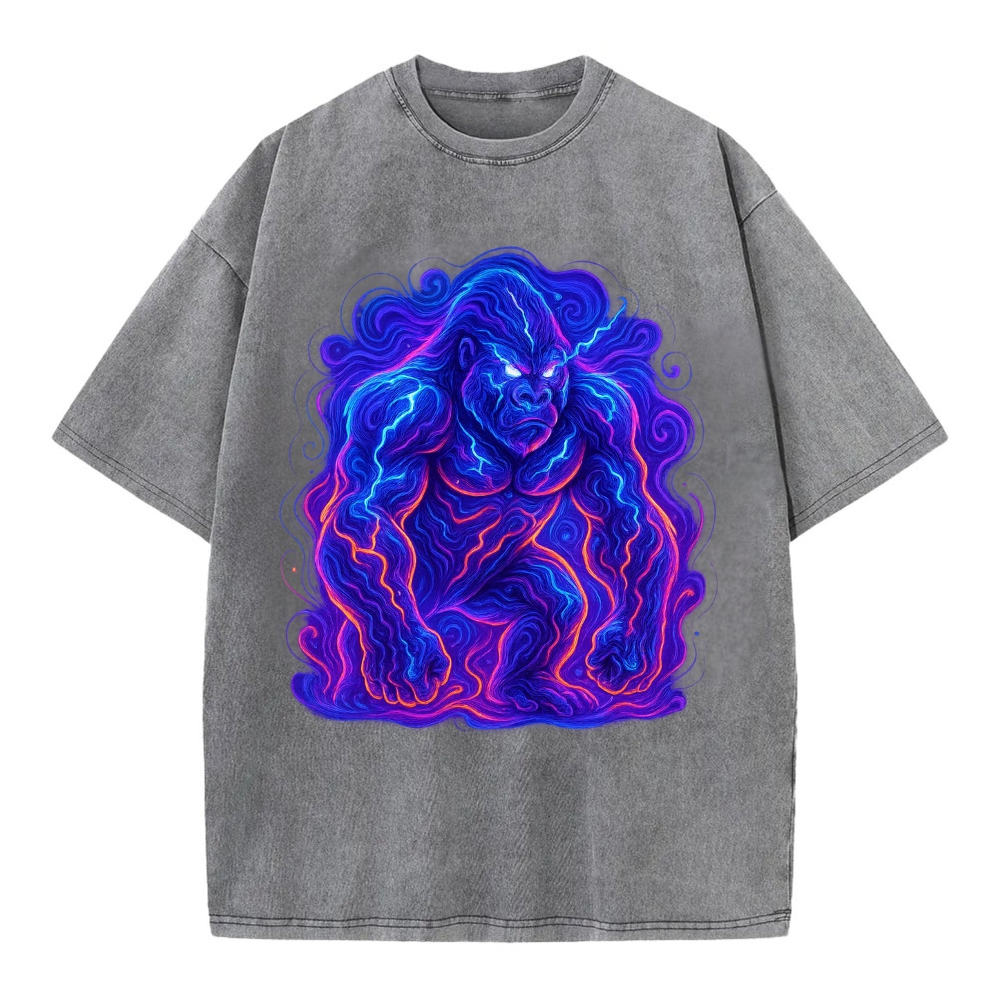 Mighty gorilla with electricity flowing through defined muscles, lightning bolt - Vintage T-shirt - Grey