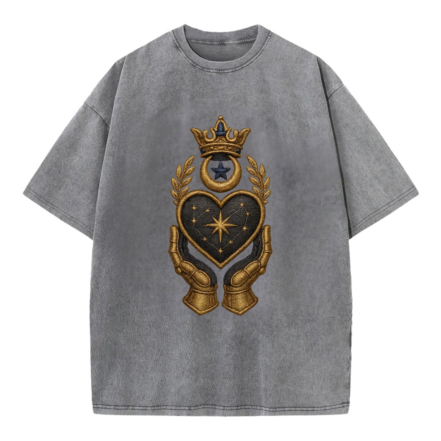 Crowned heart with Art Deco sunburst crown and geometric filigree hands cradling - Vintage T-shirt - Grey