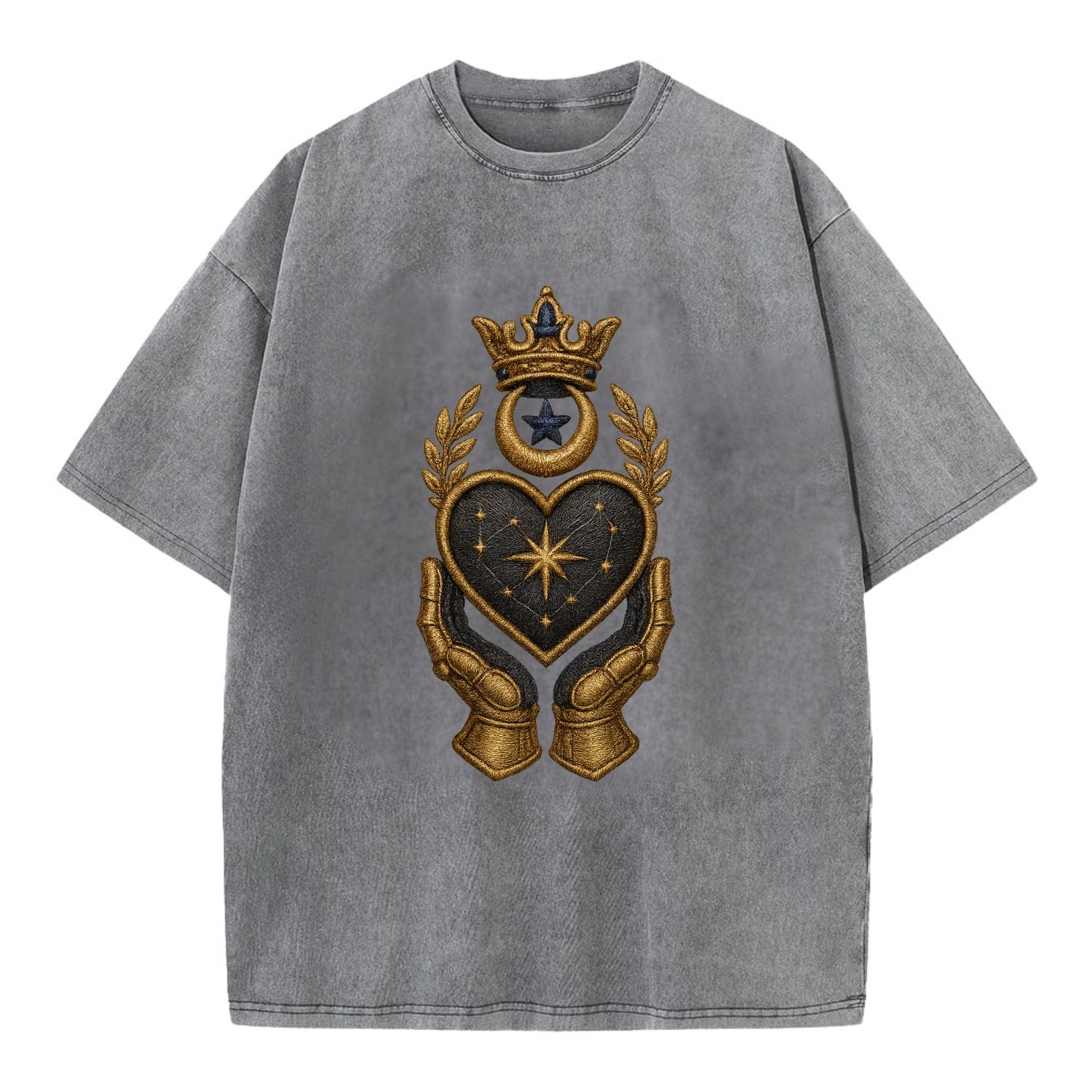 Crowned heart with Art Deco sunburst crown and geometric filigree hands cradling - Vintage T-shirt - Grey