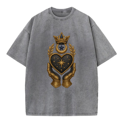 Crowned heart with Art Deco sunburst crown and geometric filigree hands cradling - Vintage T-shirt - Grey