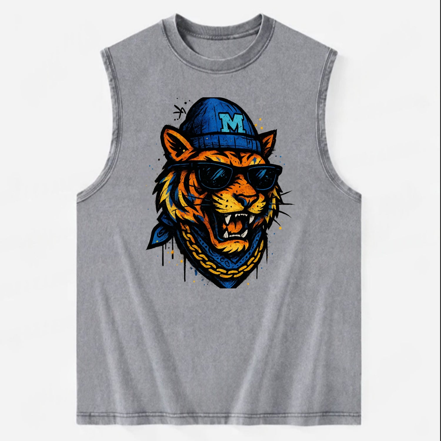 Memphis Tiger wearing Memphis beanie with M patch - Vintage Washed Tank - Grey