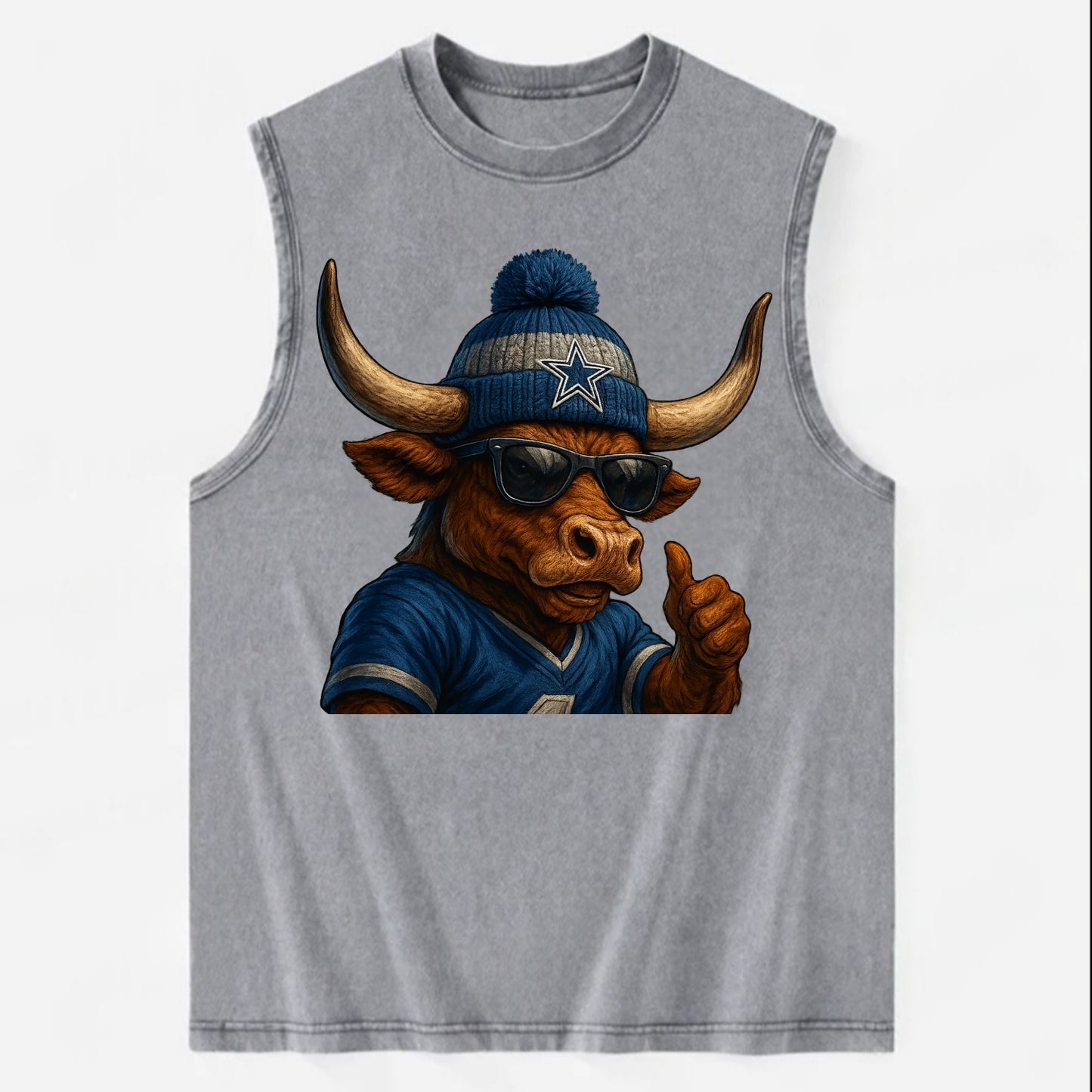 Texas Longhorn wearing Cowboys silver and blue beanie with star and wayfarer - Vintage Washed Tank - Grey