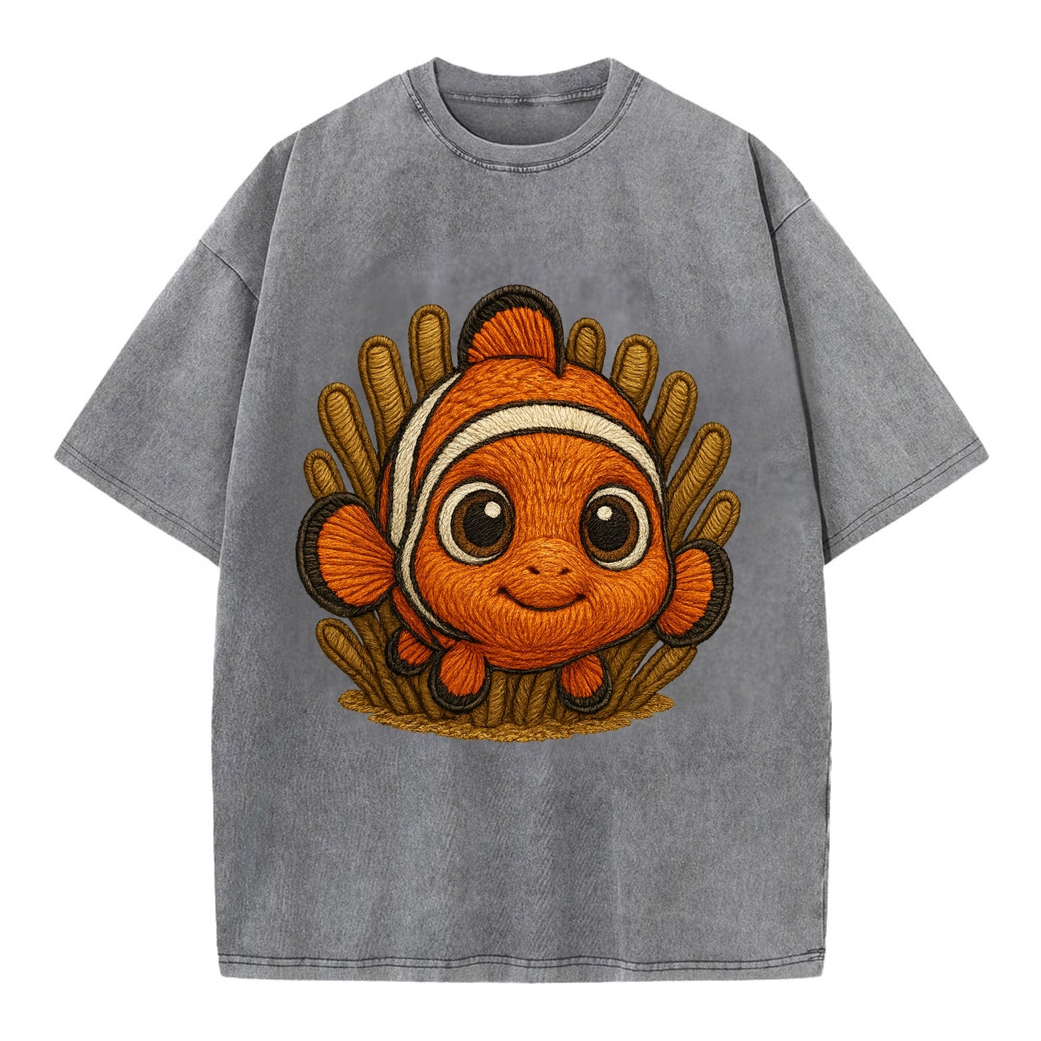 Baby Clownfish - orange with white stripes, big round eyes, front-facing in - Vintage T-shirt - Grey