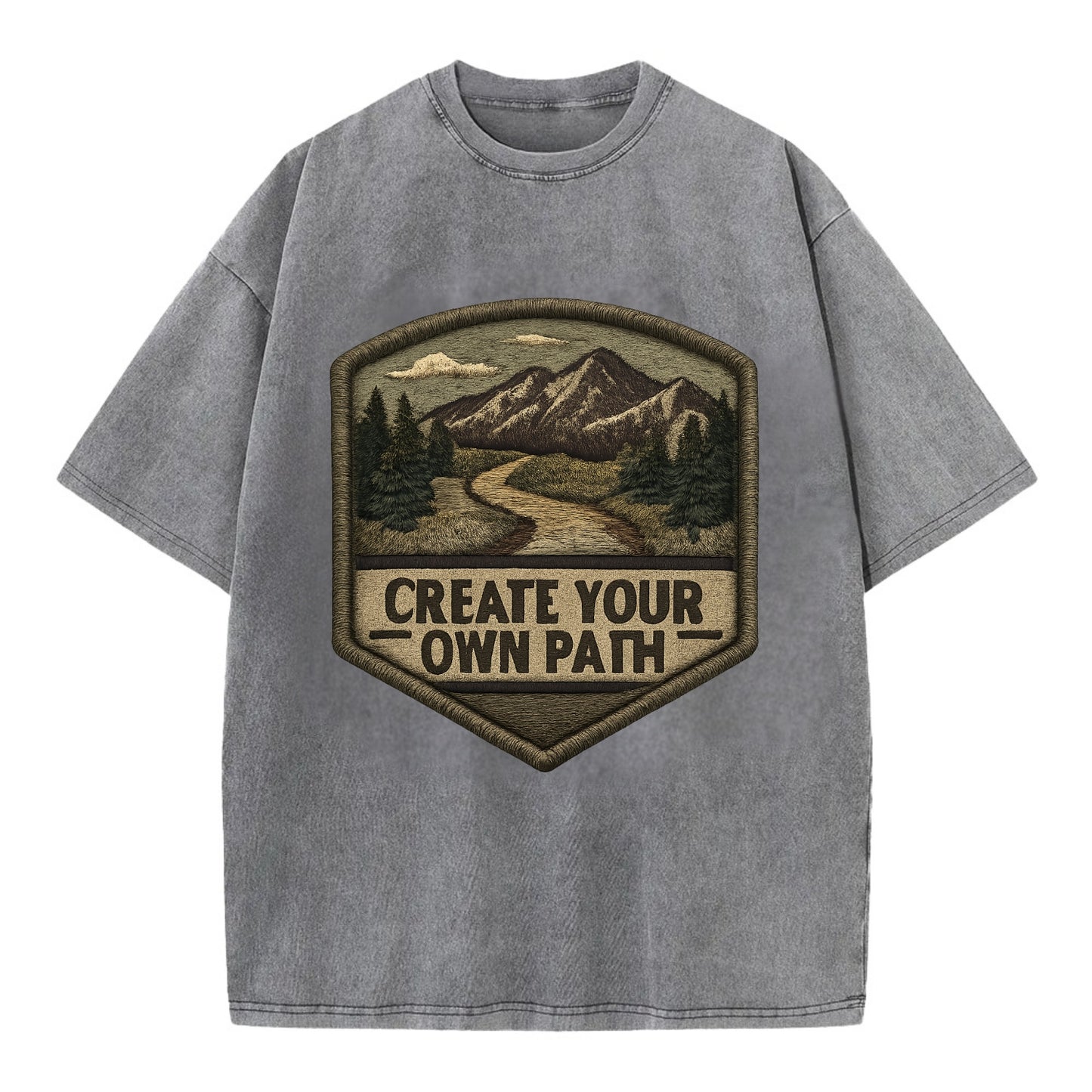 CREATE YOUR OWN PATH - trail with text in brown , independence - Vintage T-shirt - Grey
