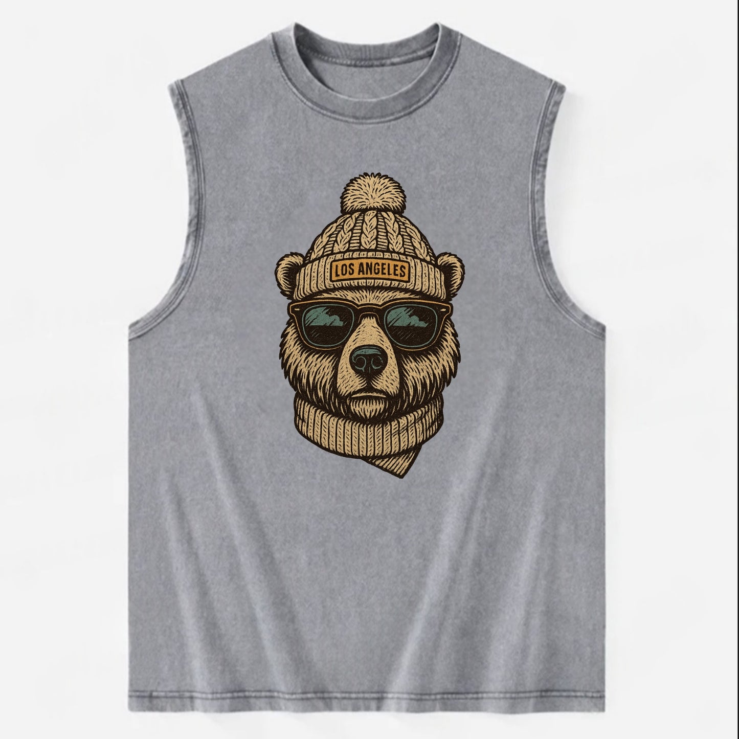 California Grizzly Bear wearing Los Angeles beanie with pom pom and wayfarer - Vintage Washed Tank - Grey