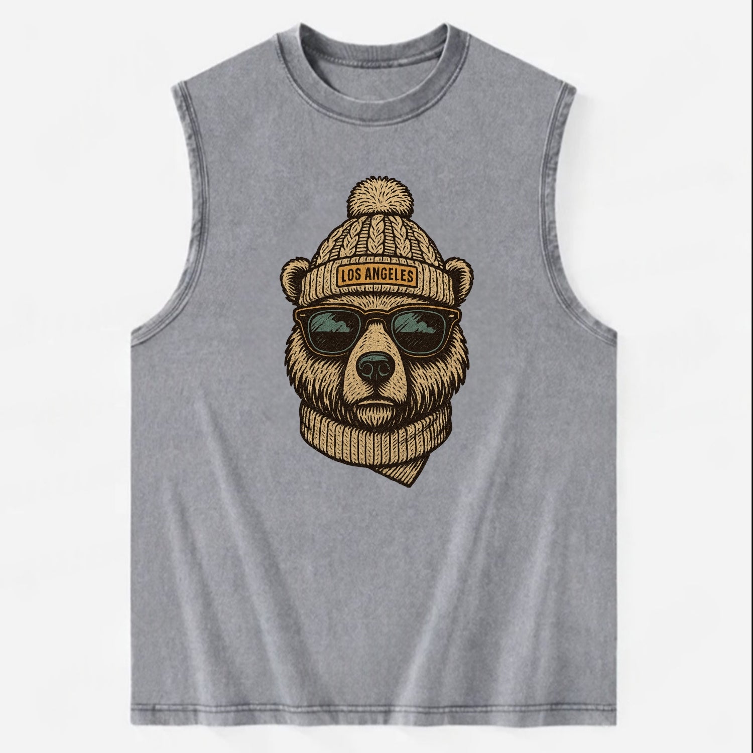 California Grizzly Bear wearing Los Angeles beanie with pom pom and wayfarer - Vintage Washed Tank - Grey