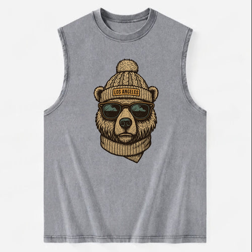 California Grizzly Bear wearing Los Angeles beanie with pom pom and wayfarer - Vintage Washed Tank