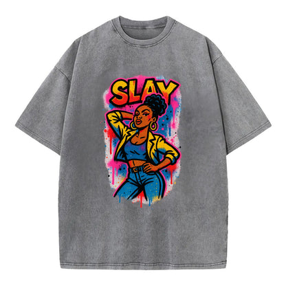 Empowered figure striking confident pose - "slay" culture, fierce and fabulous - Vintage T-shirt - Grey