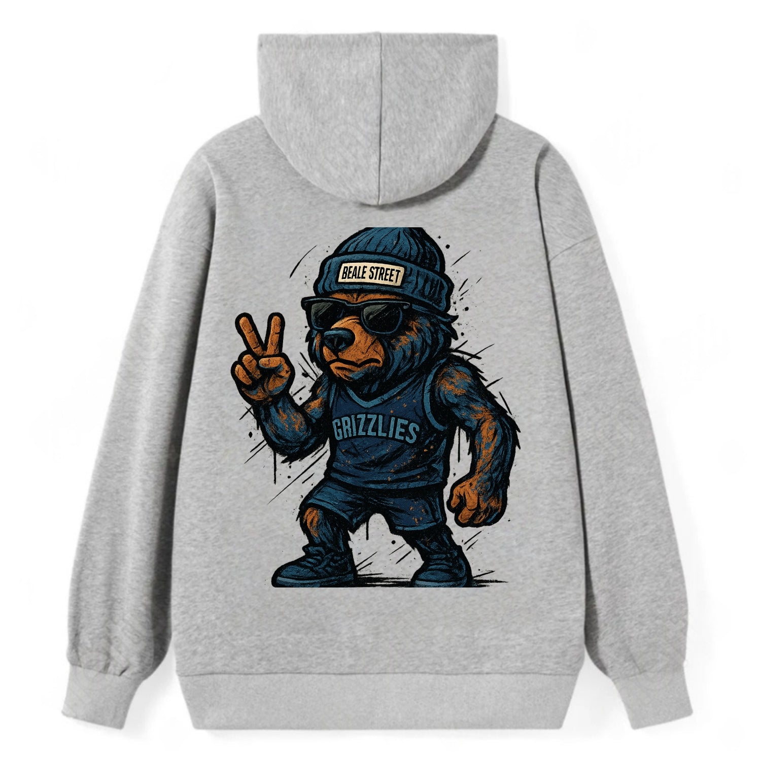 Memphis Grizzly Bear wearing Grizzlies navy and light blue beanie with - Classic Pullover Hoodie - Grey