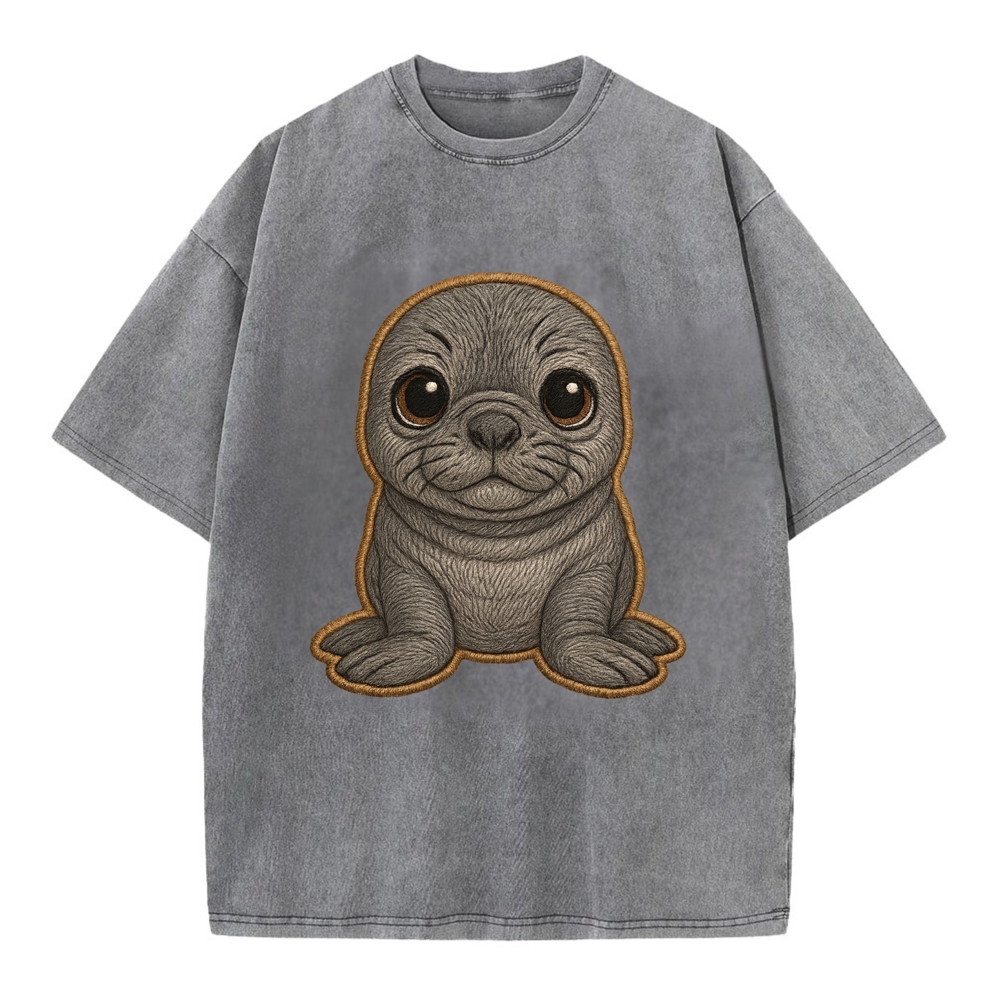 Baby Elephant Seal - gray wrinkly, tiny trunk nose, big dark eyes, front-facing, - Vintage T-shirt - Grey