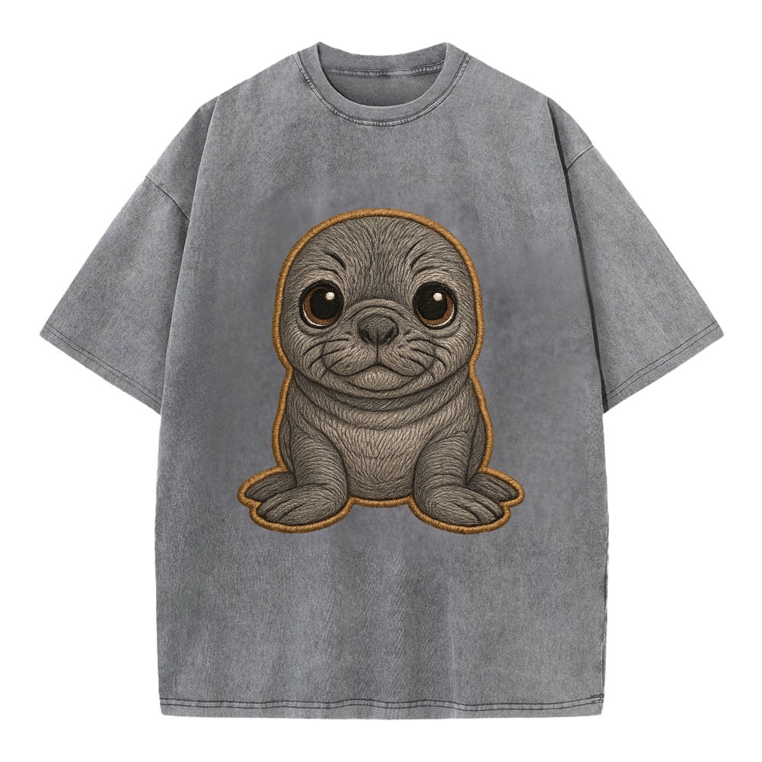 Baby Elephant Seal - gray wrinkly, tiny trunk nose, big dark eyes, front-facing, - Vintage T-shirt - Grey
