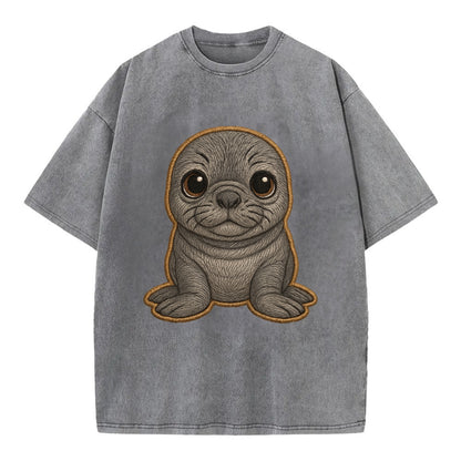 Baby Elephant Seal - gray wrinkly, tiny trunk nose, big dark eyes, front-facing, - Vintage T-shirt - Grey