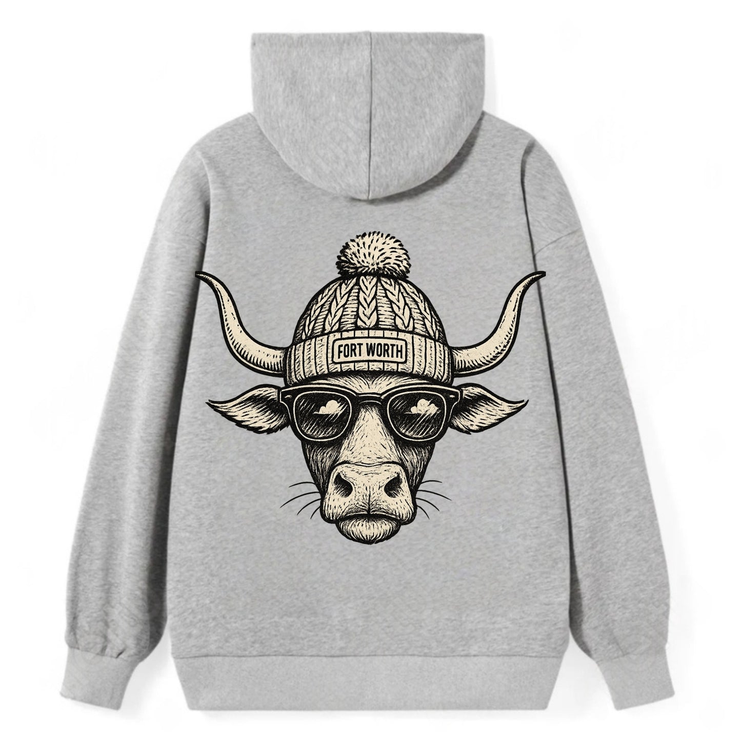 Fort Worth Longhorn wearing Fort Worth beanie with pom pom and wayfarer - Classic Pullover Hoodie - Grey