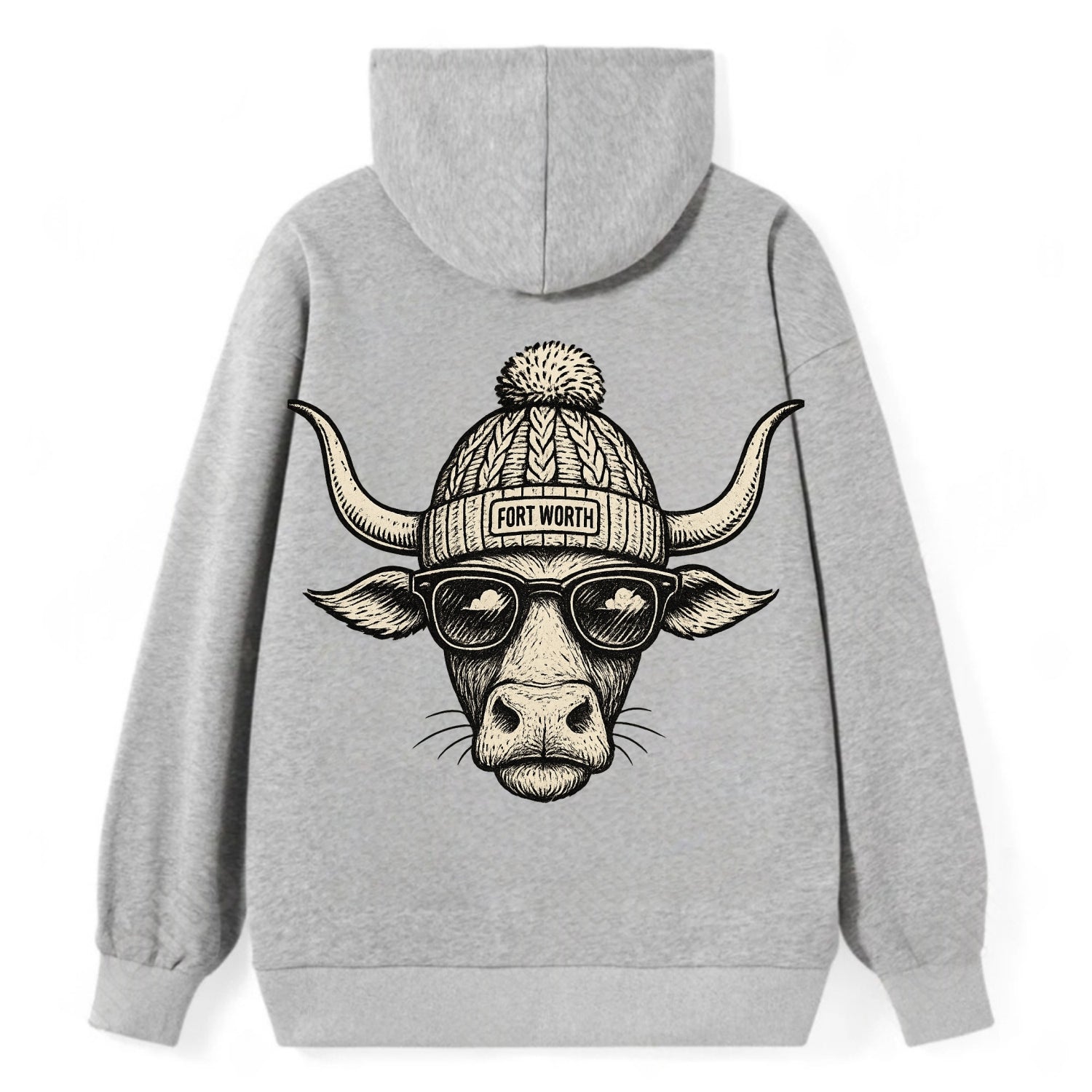 Fort Worth Longhorn wearing Fort Worth beanie with pom pom and wayfarer - Classic Pullover Hoodie - Grey