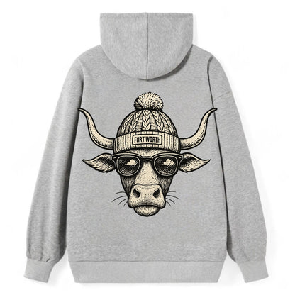 Fort Worth Longhorn wearing Fort Worth beanie with pom pom and wayfarer - Classic Pullover Hoodie - Grey