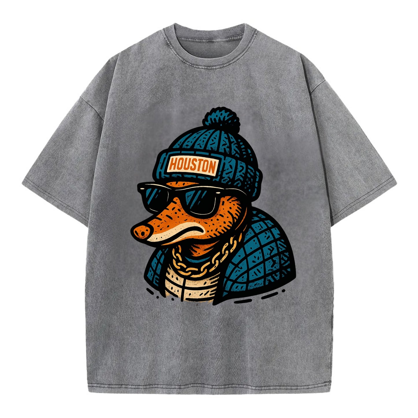 Houston Armadillo wearing Houston beanie with pom pom and wayfarer sunglasses - Vintage T-shirt - Grey