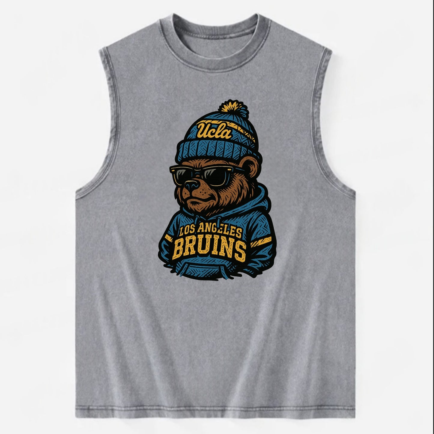 Los Angeles Bruin wearing UCLA beanie with script patch - Vintage Washed Tank - Grey