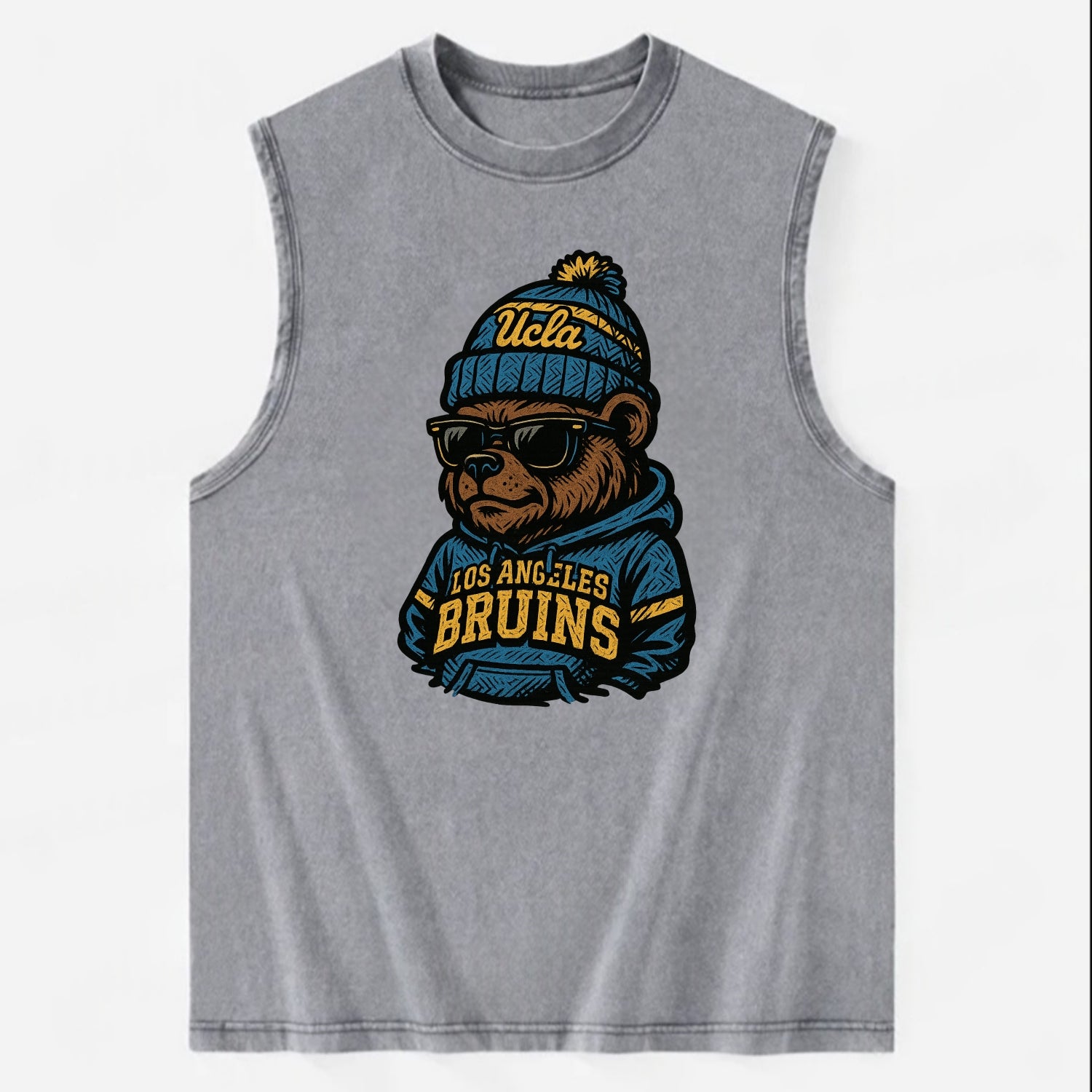 Los Angeles Bruin wearing UCLA beanie with script patch - Vintage Washed Tank - Grey