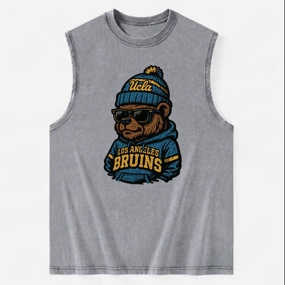 Los Angeles Bruin wearing UCLA beanie with script patch - Vintage Washed Tank - Grey