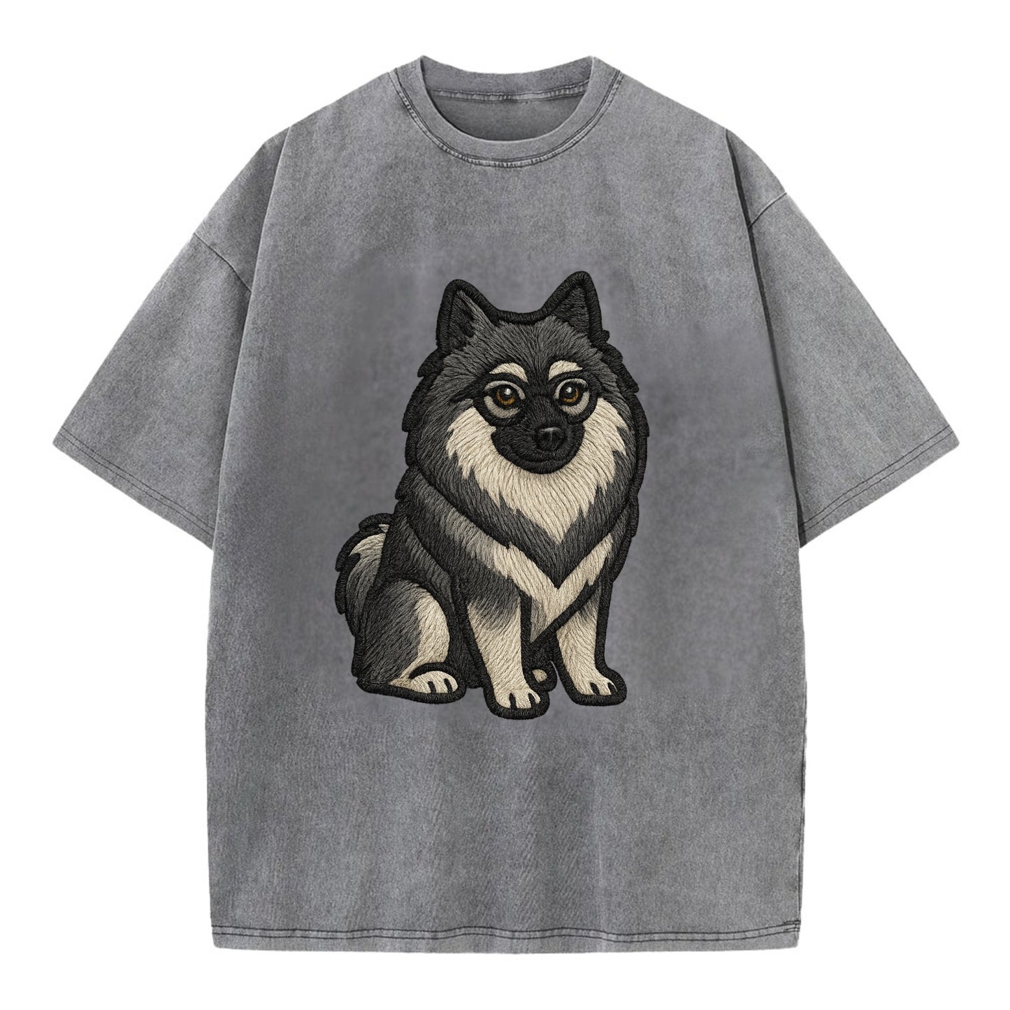 Keeshond - Gray and black spectacles embroidered design - Vintage T-shirt - Grey