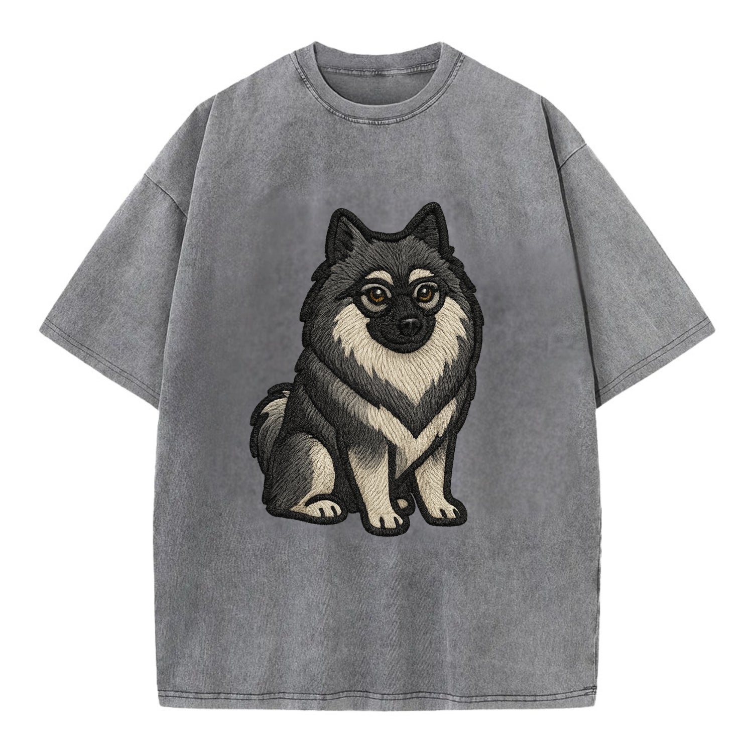 Keeshond - Gray and black spectacles embroidered design - Vintage T-shirt - Grey