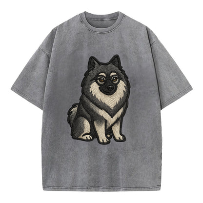 Keeshond - Gray and black spectacles embroidered design - Vintage T-shirt - Grey