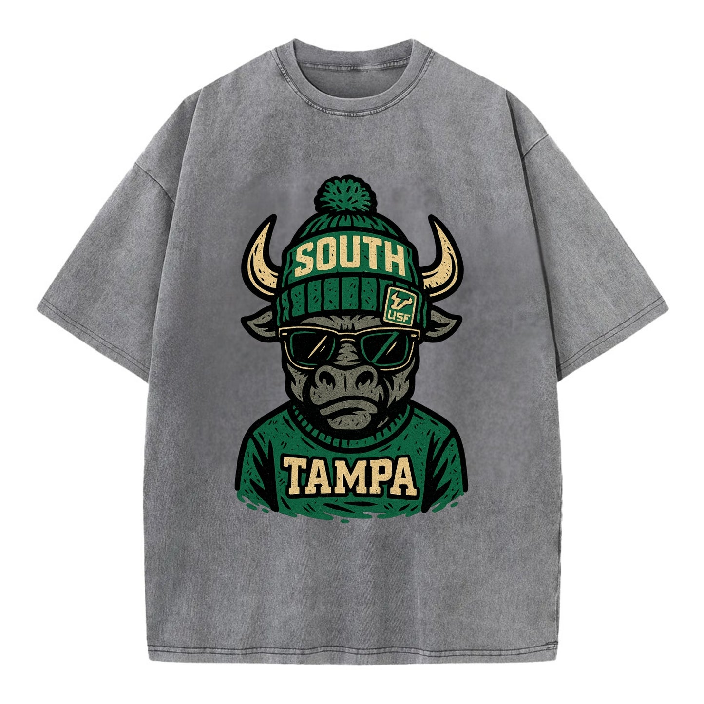 Tampa Bull wearing South Florida beanie with USF patch - Vintage T-shirt - Grey
