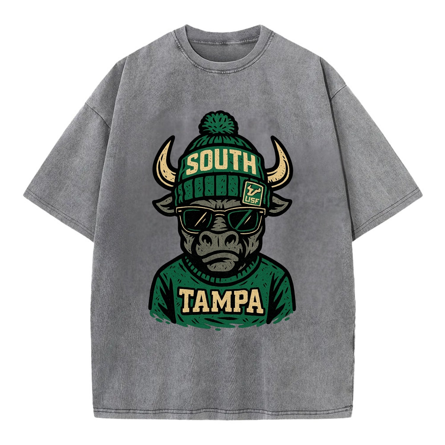 Tampa Bull wearing South Florida beanie with USF patch - Vintage T-shirt - Grey