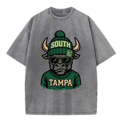 Tampa Bull wearing South Florida beanie with USF patch - Vintage T-shirt - Grey
