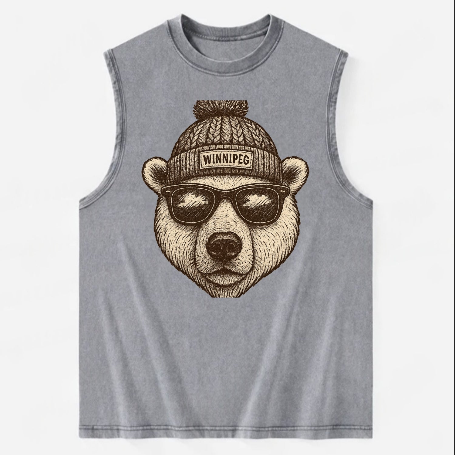 Winnipeg Polar Bear wearing Winnipeg beanie with pom pom and wayfarer - Vintage Washed Tank - Grey