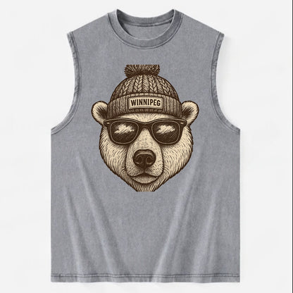 Winnipeg Polar Bear wearing Winnipeg beanie with pom pom and wayfarer - Vintage Washed Tank - Grey