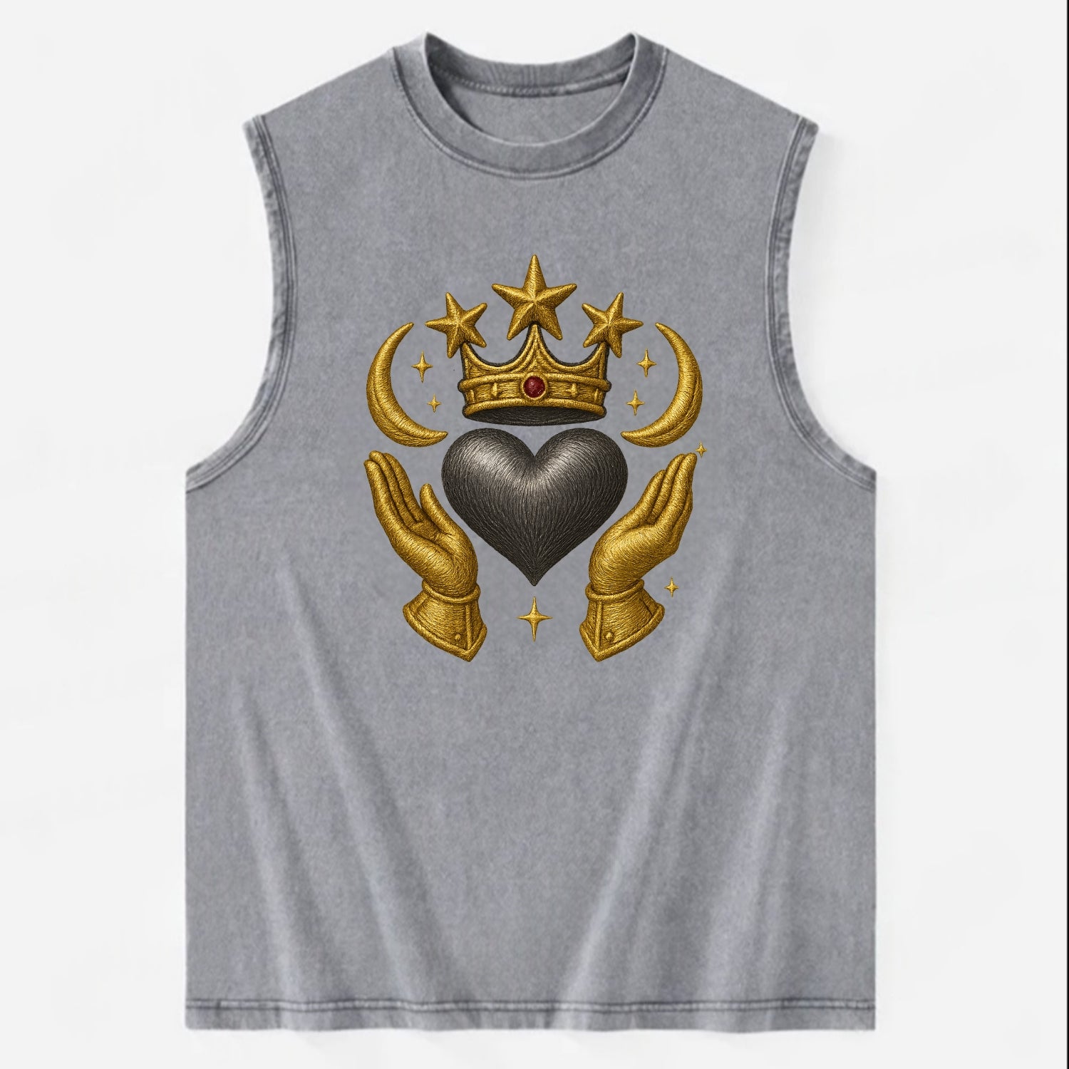 Sun goddess crown radiating golden rays over a midnight heart with - Vintage Washed Tank - Grey