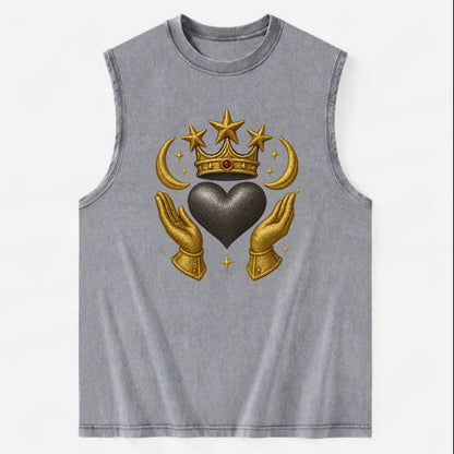 Sun goddess crown radiating golden rays over a midnight heart with - Vintage Washed Tank - Grey