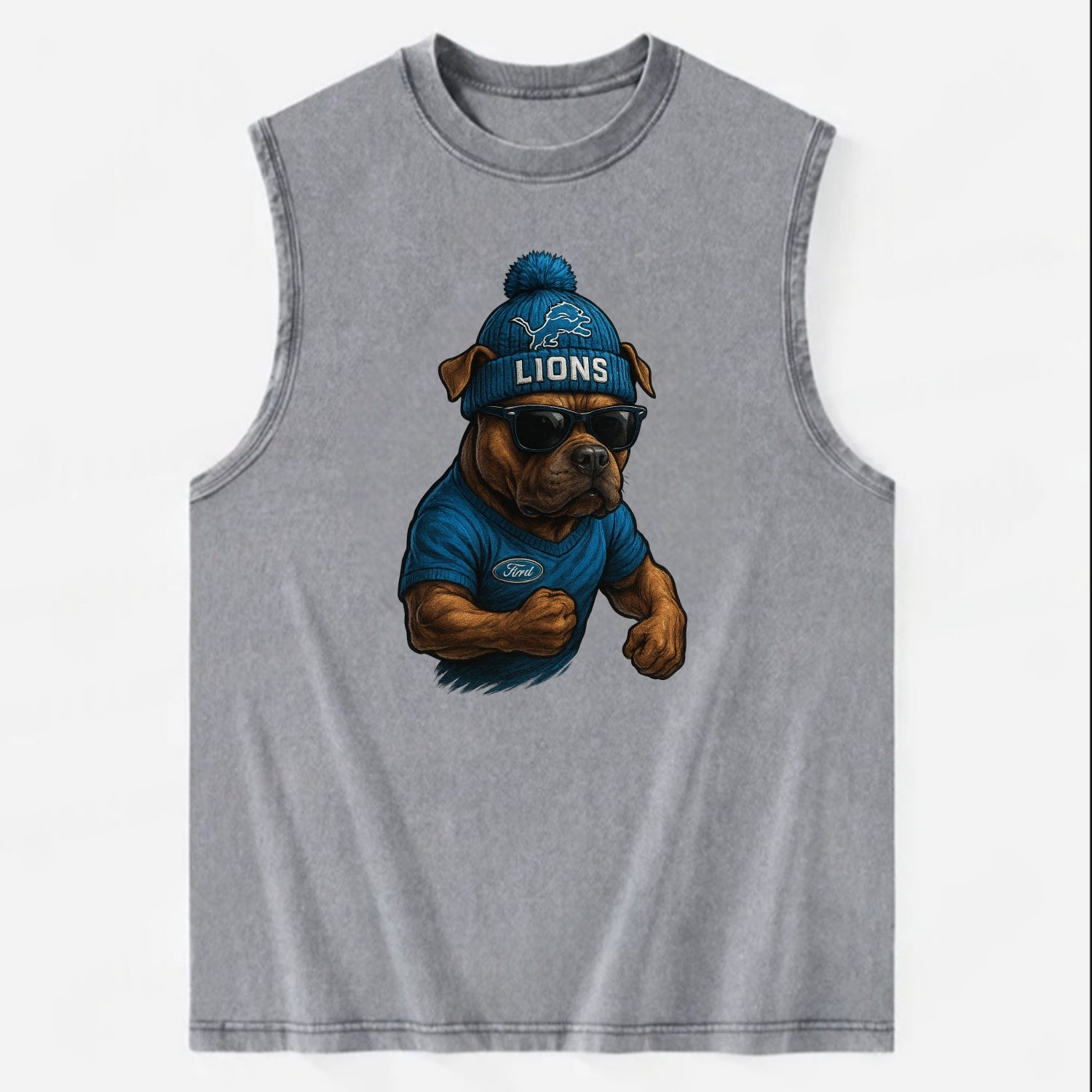 Detroit Pitbull wearing Lions beanie with auto patch and wayfarer sunglasses - Vintage Washed Tank - Grey