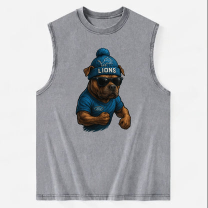 Detroit Pitbull wearing Lions beanie with auto patch and wayfarer sunglasses - Vintage Washed Tank - Grey