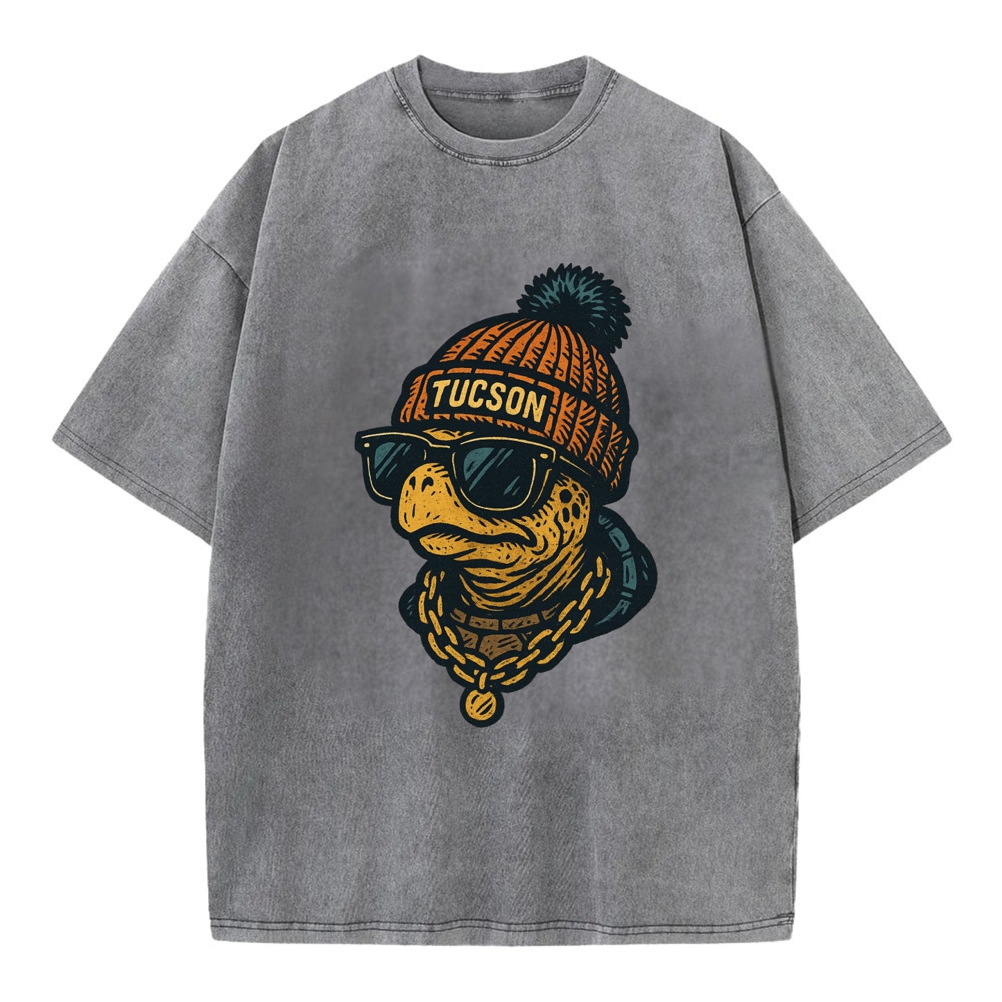 Tucson Desert Tortoise wearing Tucson beanie with pom pom and wayfarer sunglasses - Vintage T-shirt - Grey