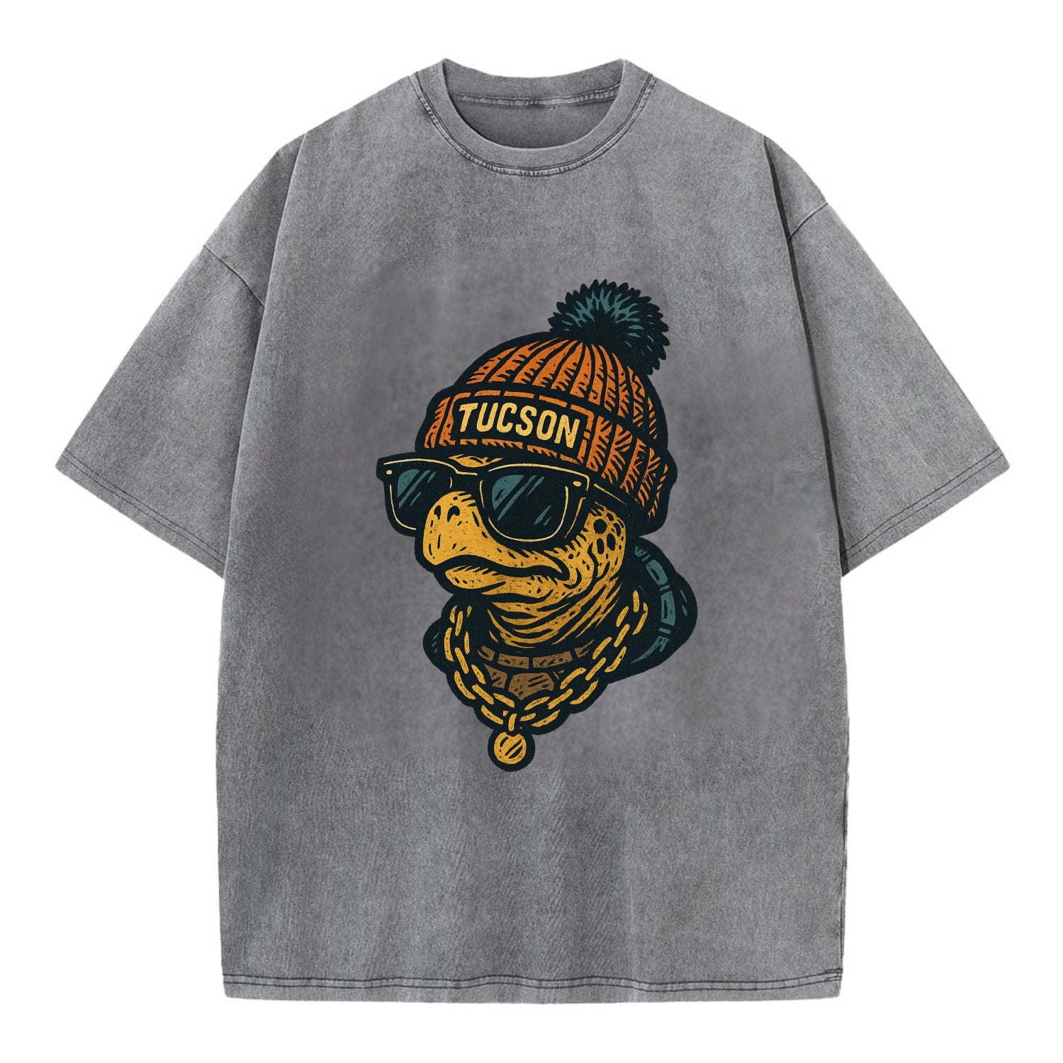 Tucson Desert Tortoise wearing Tucson beanie with pom pom and wayfarer sunglasses - Vintage T-shirt - Grey