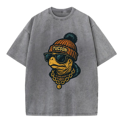 Tucson Desert Tortoise wearing Tucson beanie with pom pom and wayfarer sunglasses - Vintage T-shirt - Grey