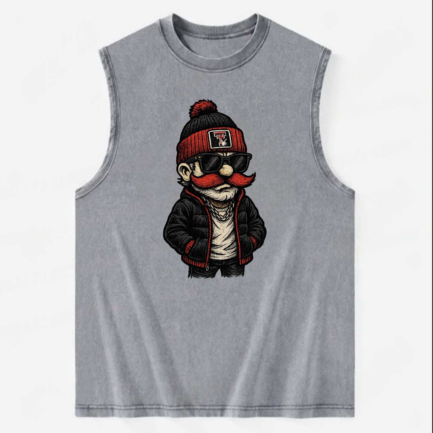Lubbock Raider wearing Texas Tech beanie with guns up patch - Vintage Washed Tank - Grey