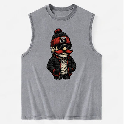 Lubbock Raider wearing Texas Tech beanie with guns up patch - Vintage Washed Tank - Grey