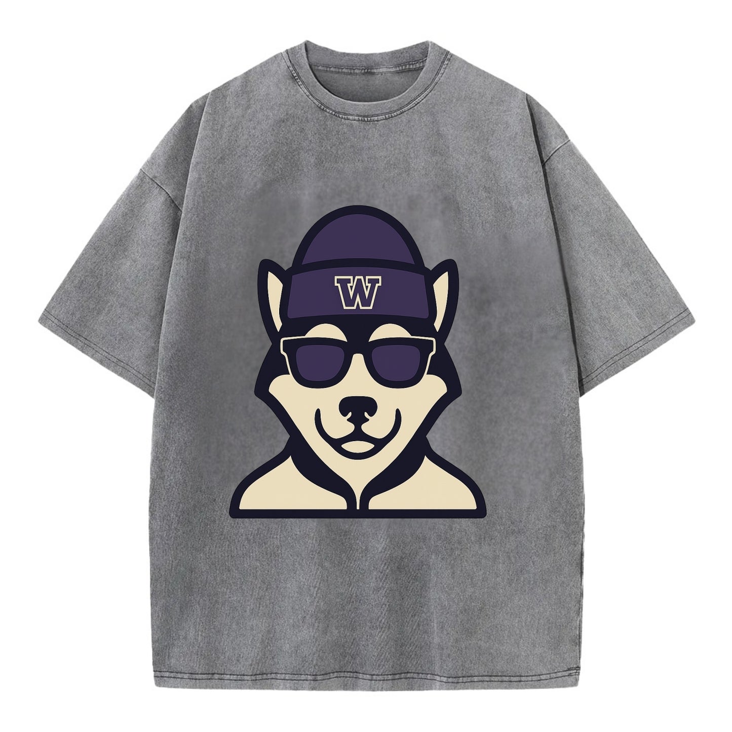 Seattle Husky wearing Washington beanie with W patch - Vintage T-shirt - Grey