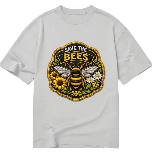 SAVE THE BEES - bee with flowers in yellow , pollinator protection - Classic T-shirt - Grey