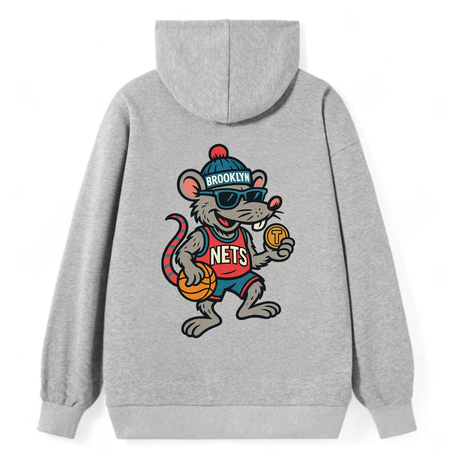 Brooklyn Rat wearing Nets beanie with subway token and wayfarer sunglasses - Classic Pullover Hoodie - Grey