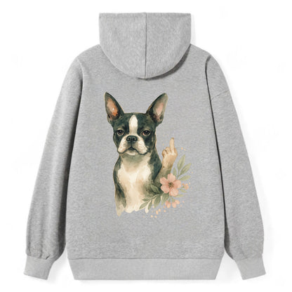 Boston Terrier with tuxedo markings, perky ears, paw up giving sass - Classic Pullover Hoodie - Grey