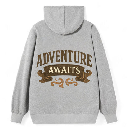 Bold typography design - "ADVENTURE AWAITS" - excitement ahead, ready for - Classic Pullover Hoodie - Grey