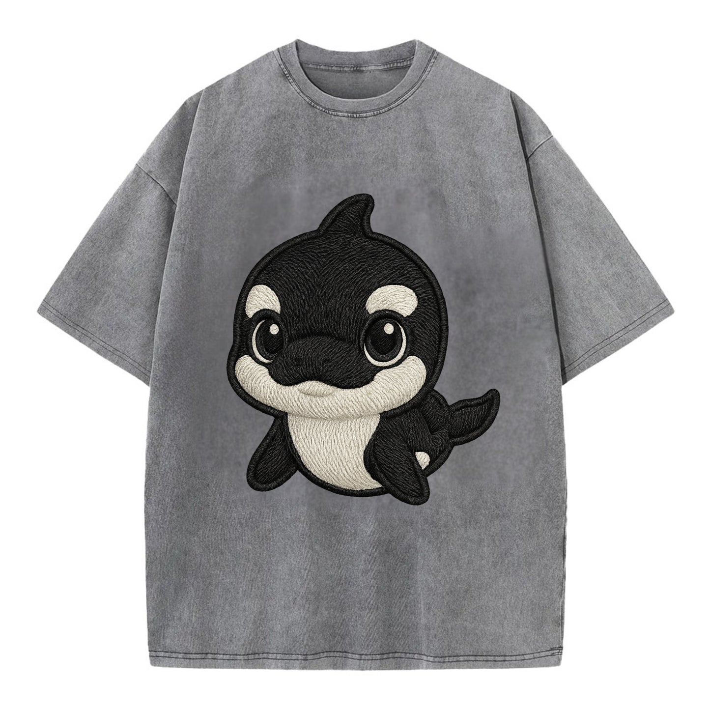 Baby Orca - black and white pattern, white eye patch, front-facing, curious and - Vintage T-shirt - Grey