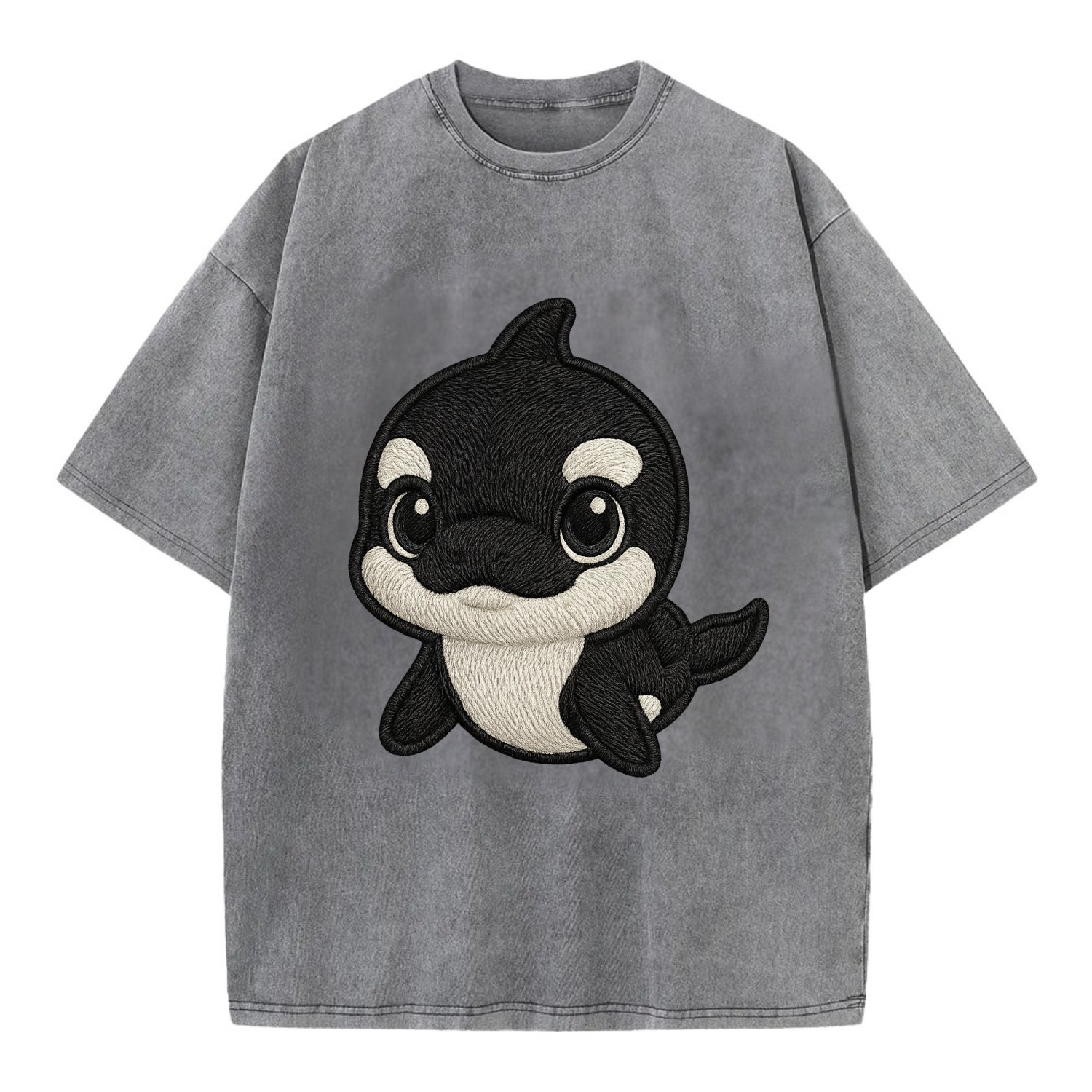 Baby Orca - black and white pattern, white eye patch, front-facing, curious and - Vintage T-shirt - Grey