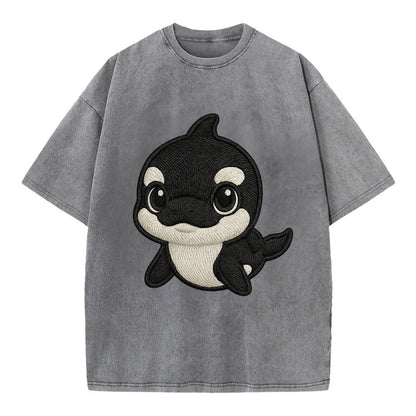 Baby Orca - black and white pattern, white eye patch, front-facing, curious and - Vintage T-shirt - Grey